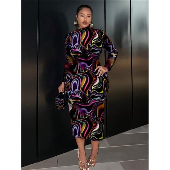 Long Sleeve Bodycon Dress, Extra Long Relaxed Fit Fall Club Party Maxi Pencil - Picture 5 of 6